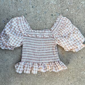 The Post Gingham Puff Sleeve Smocked Top - Size M